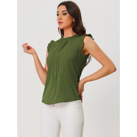 Ruffled Business Office Vintage Sleeveless Work Blouses Top Army Green - Picture 3 of 6
